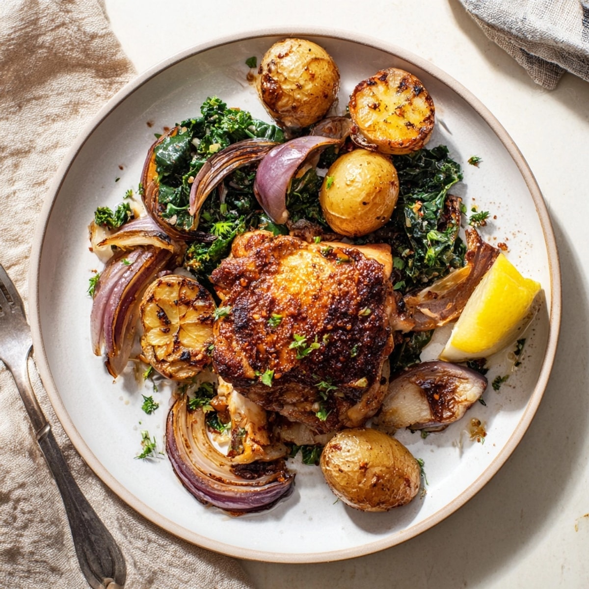 Imagine the aroma of lemon and herbs in this simple Pan-Roasted Chicken and vegetable dish.