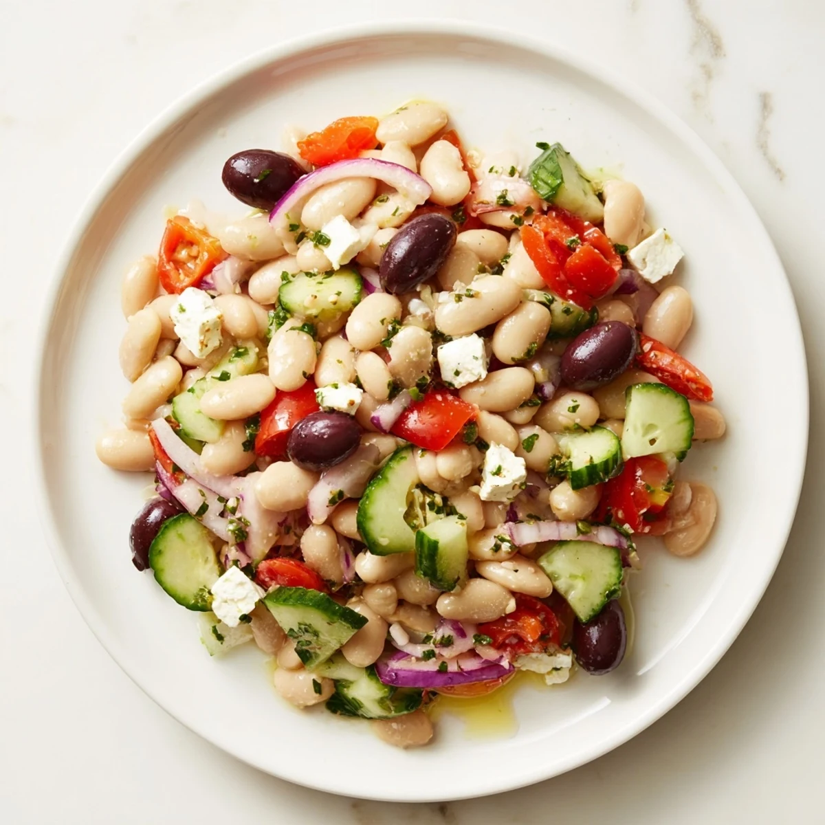 Creamy white beans and feta mingle in this colorful Mediterranean white bean salad.