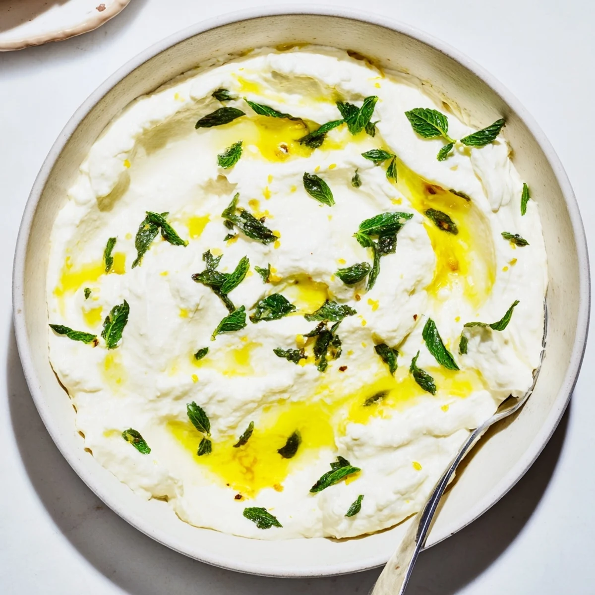 Tangy whipped feta dip, drizzled with lemon-mint, appears cool and refreshing for a flavorful appetizer.