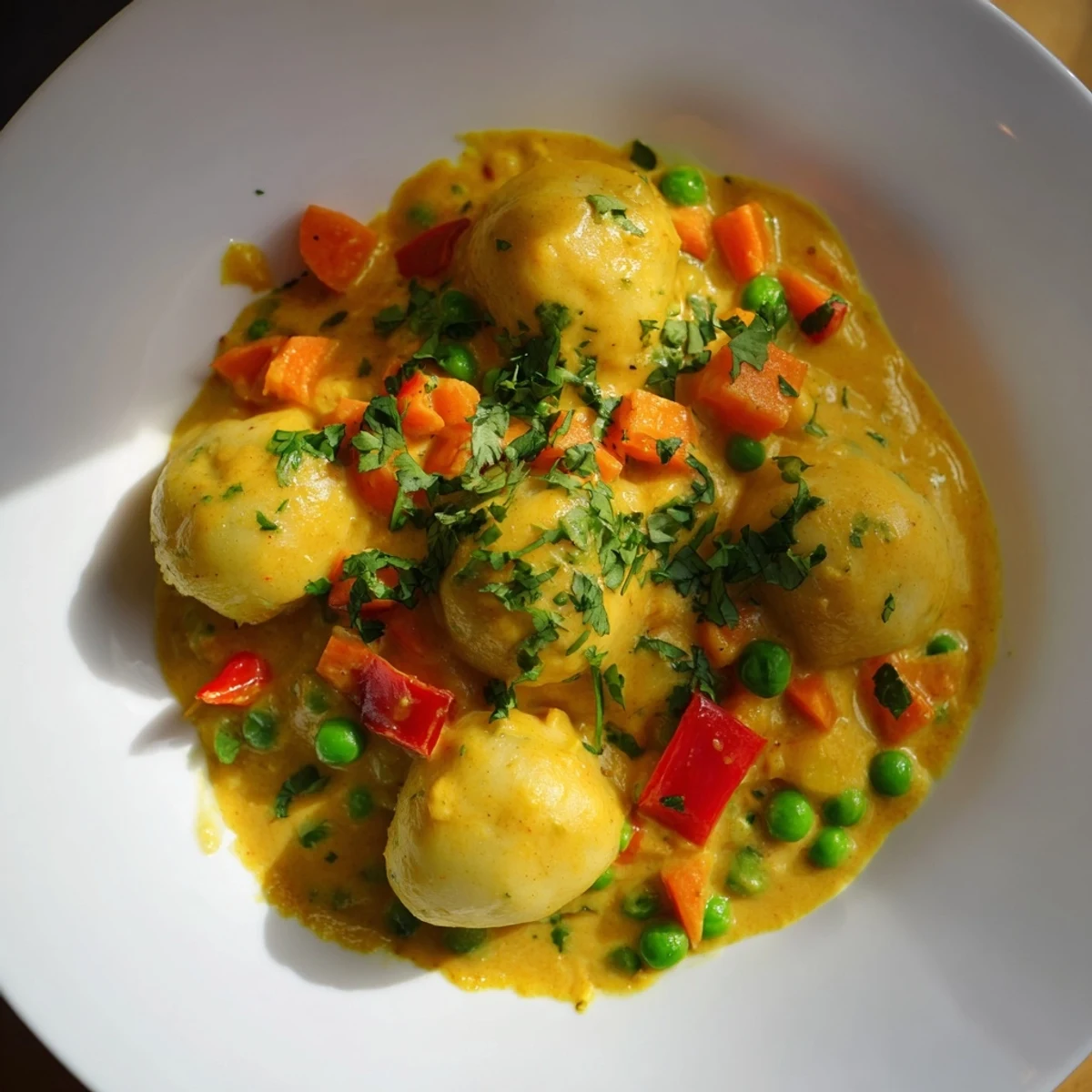 Creamy curry surrounds fluffy Curry Comfort Potato Dumplings, garnished with fresh cilantro for a vibrant dinner.