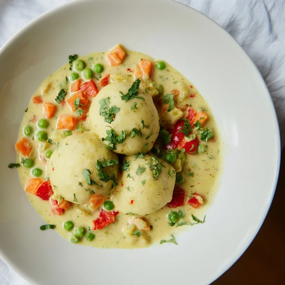 Golden, tender Curry Comfort Potato Dumplings are nestled in a warm, aromatic curry sauce, ready to eat.
