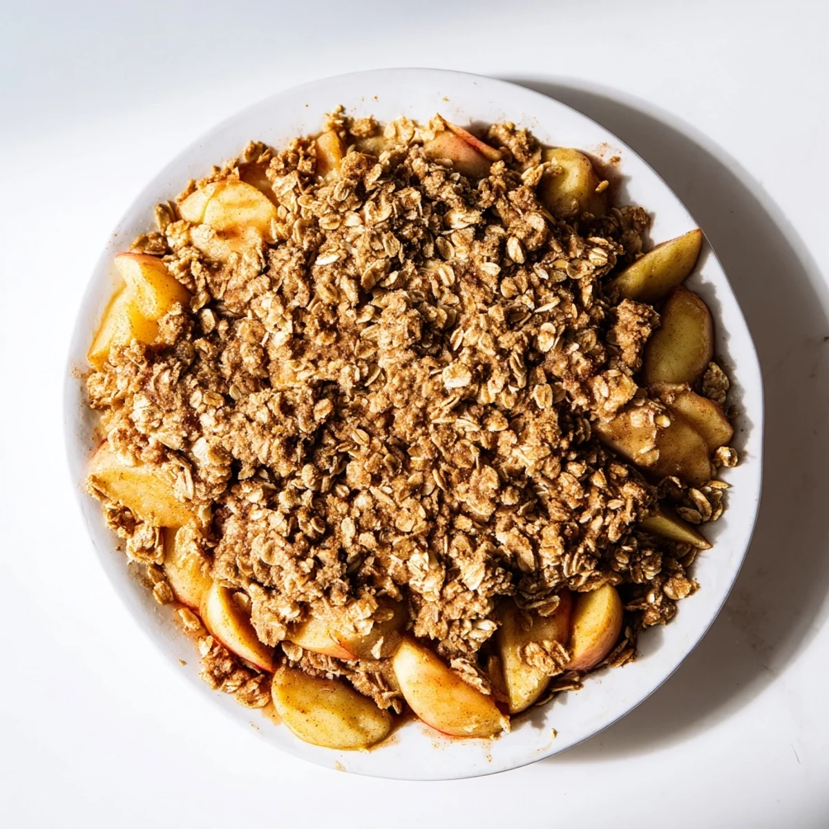 Golden brown topping covers tender baked apples in this delicious cinnamon oat apple crisp recipe.