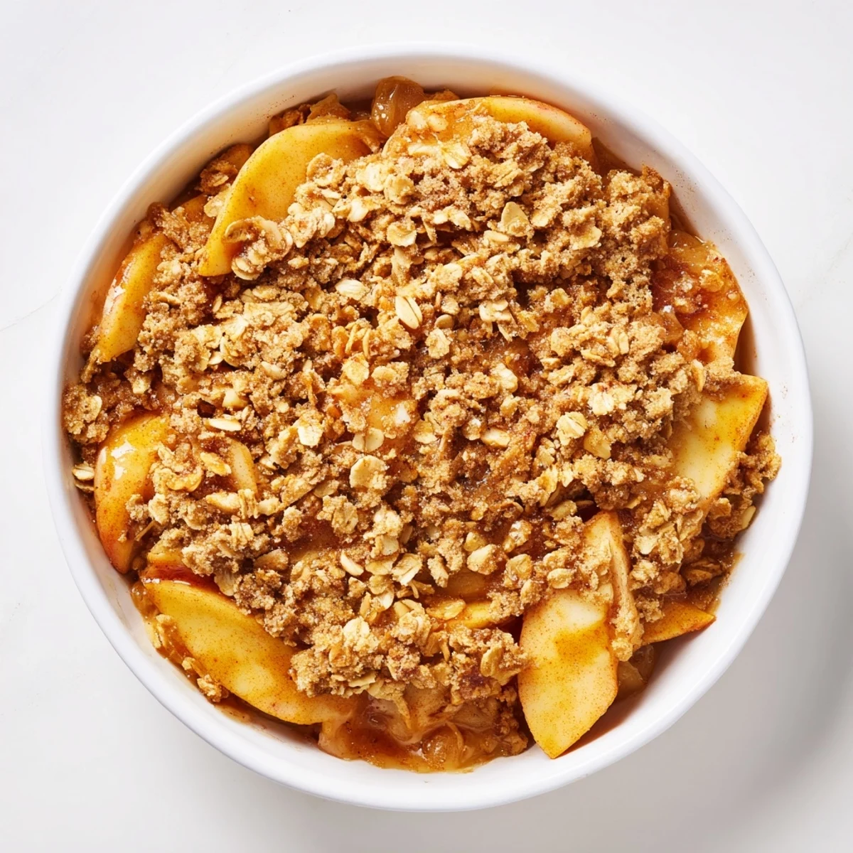This homemade warm cinnamon oat apple crisp is served warm, maybe with a scoop of vanilla ice cream.