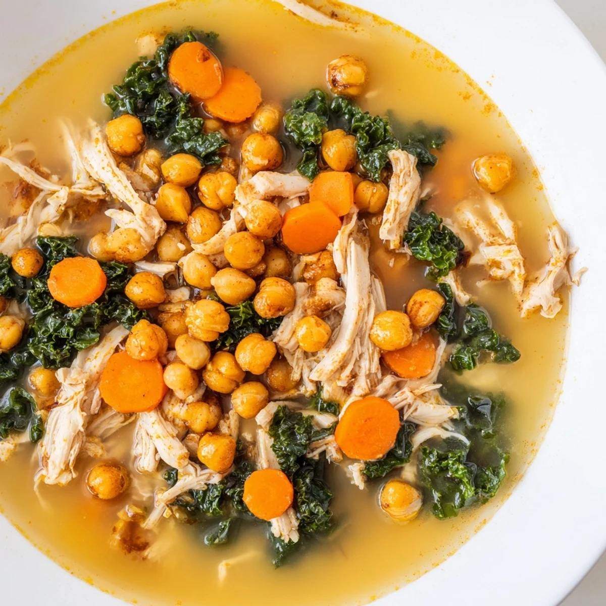 Hearty Chicken Kale Soup with crispy chickpeas, a comforting bowl of warm, flavorful goodness for a cozy night.