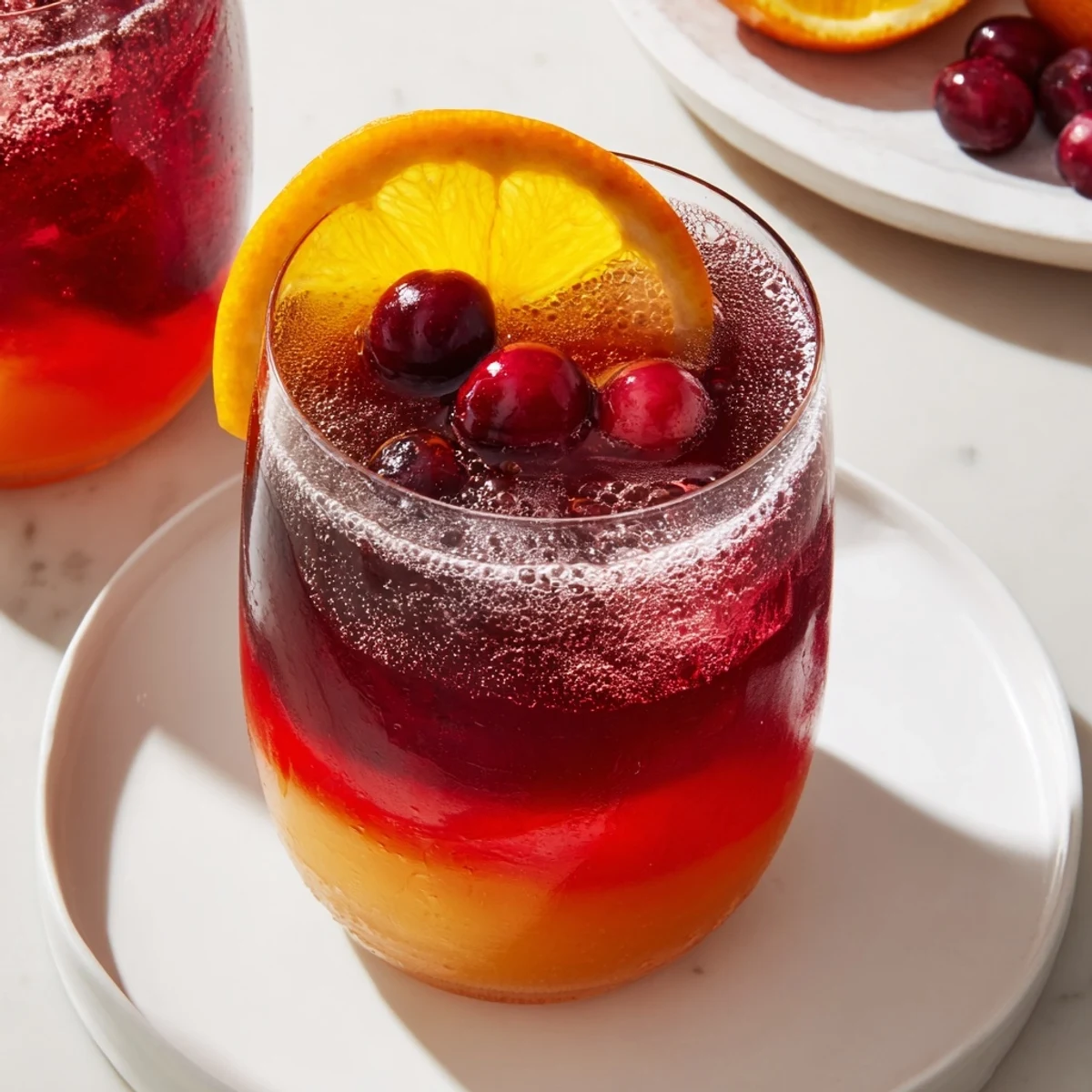 A vibrant pitcher of 3-Ingredient Holiday Punch, garnished with cranberries and orange slices.