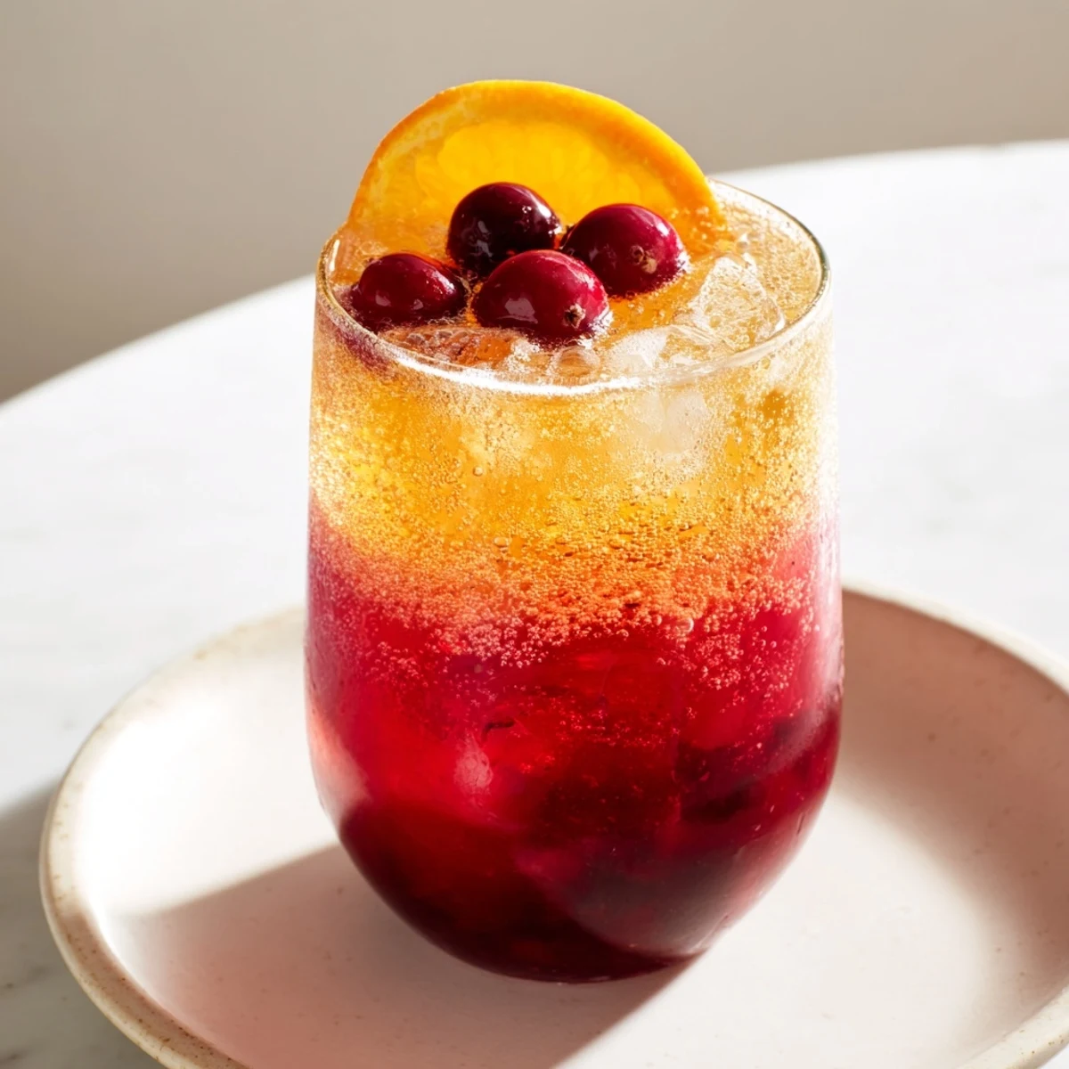 Bright red 3-Ingredient Holiday Punch in a glass, bubbly from ginger ale, ready to serve.