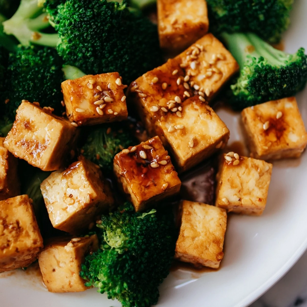 A delicious close-up of Sesame Tofu & Broccoli, beautifully roasted with a glistening sesame glaze and fresh broccoli.