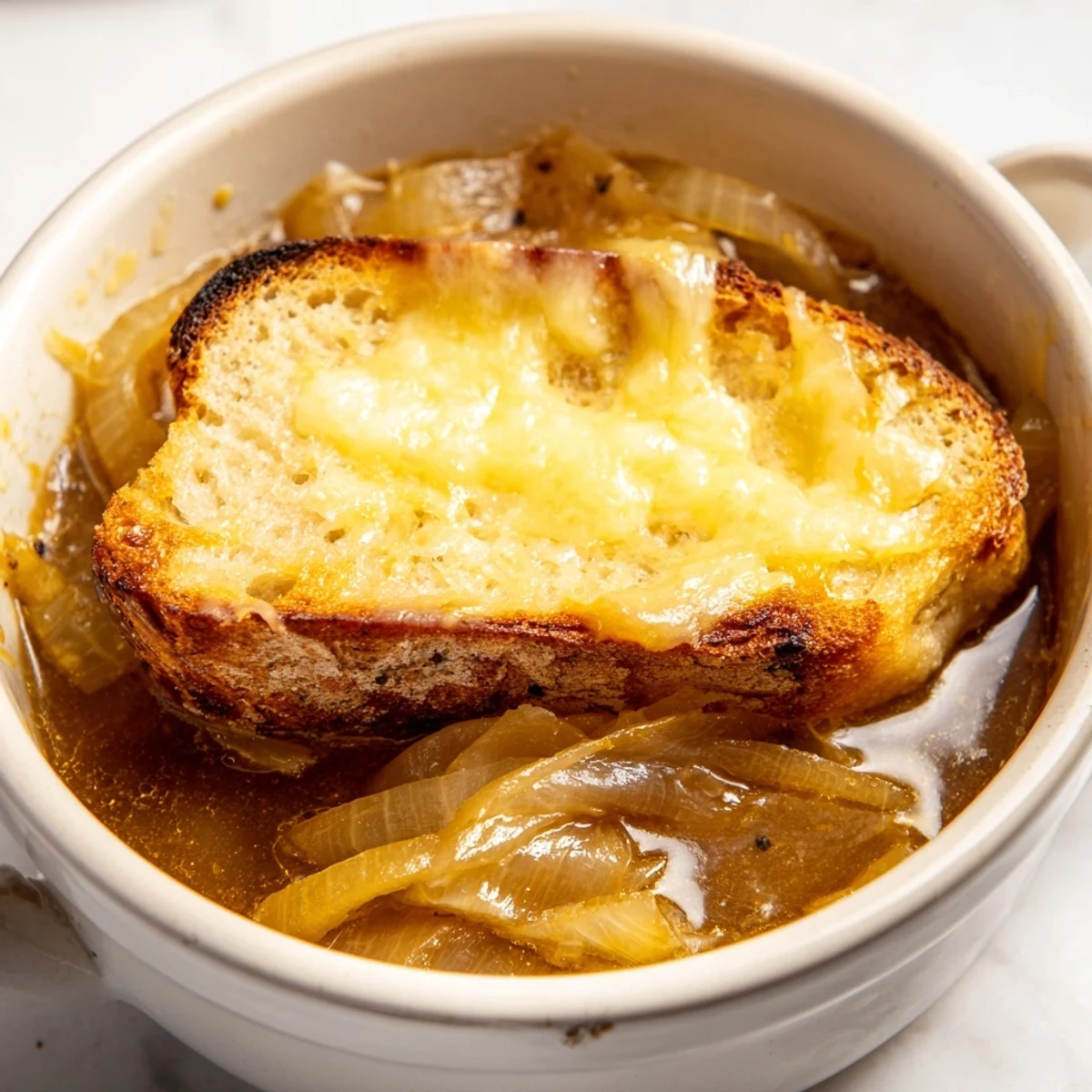 Golden, bubbly Gruyère tops a bowl of the Effortless 4-Ingredient French Onion Soup, a cozy French classic.