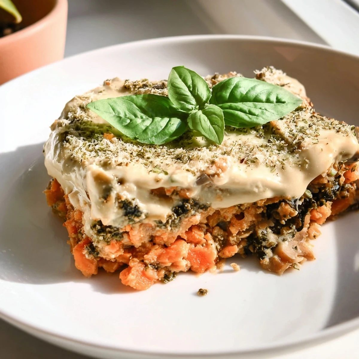 A warm, bubbling slice of vegan lasagna with layers of rich mushroom-spinach bolognese.