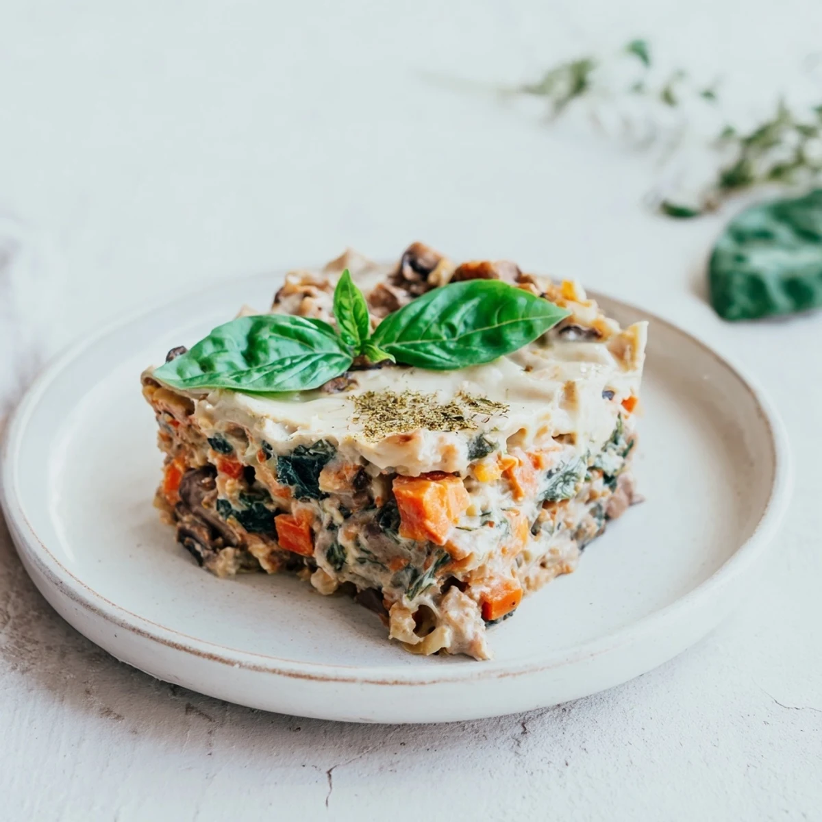Steam rises from the delicious vegan lasagna, ready to be served for a cozy dinner.