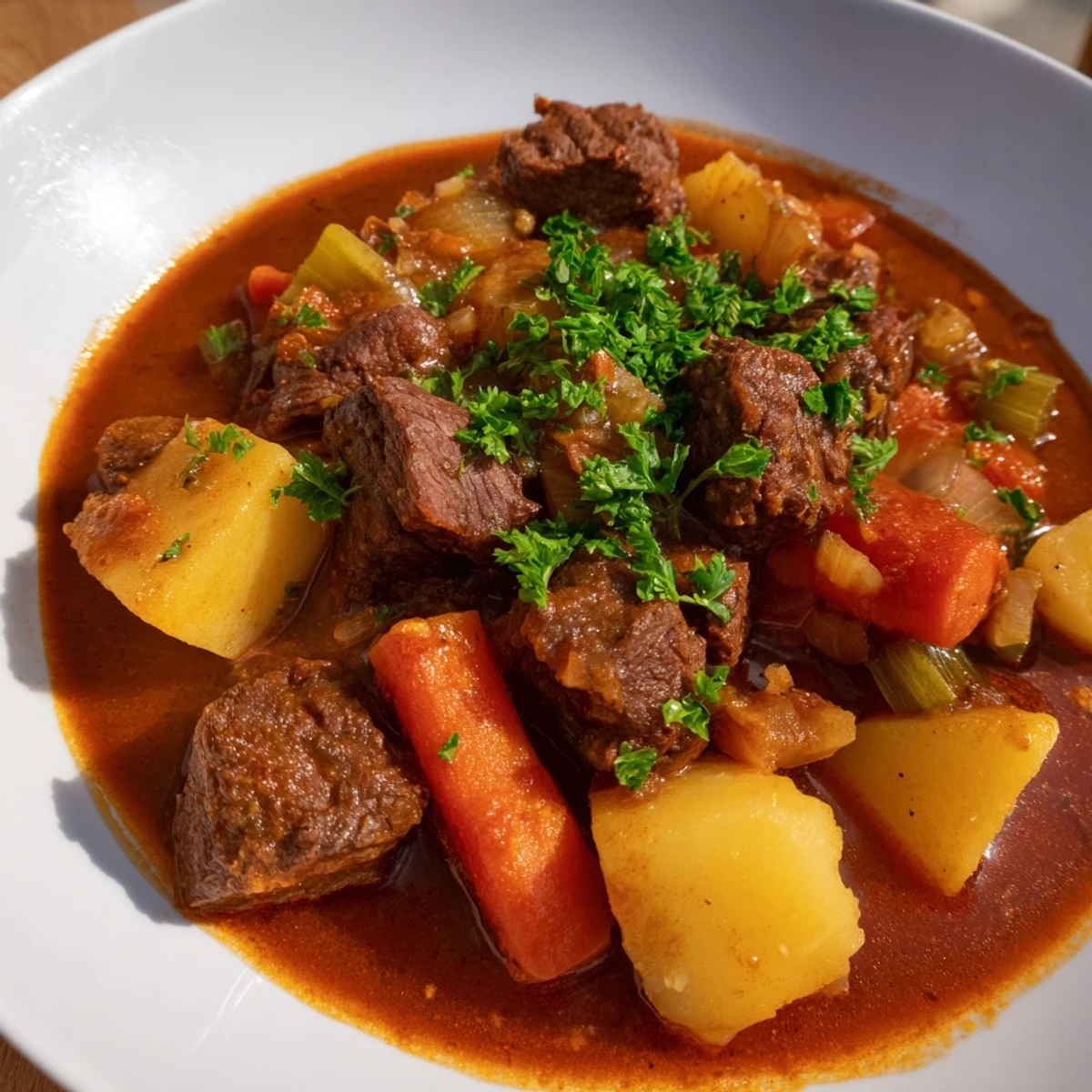 Chunks of tender beef in rich Smoked Paprika & Garlic Beef Stew, garnished with fresh parsley, ready to eat.