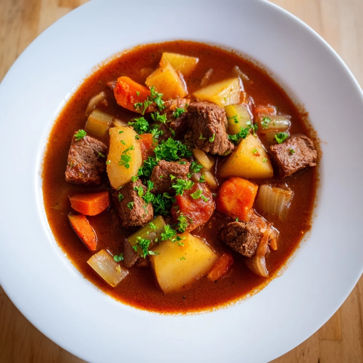 A steaming bowl of comforting Smoked Paprika & Garlic Beef Stew, showcasing tender beef and hearty vegetables.
