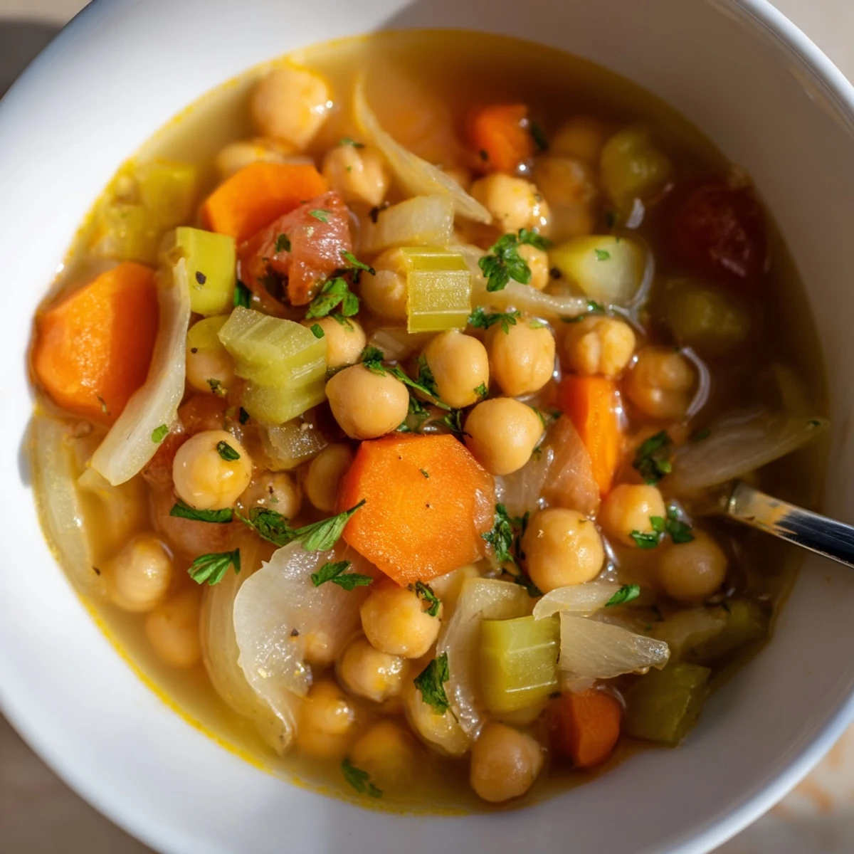 Steaming bowl of Quick-Soak Chickpea and Rosemary Soup, garnished with green parsley, ready to eat!