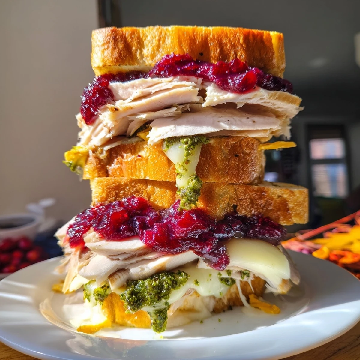 Golden, gooey Pesto Cranberry Turkey Grilled Cheese Melt, served warm and ready to enjoy.