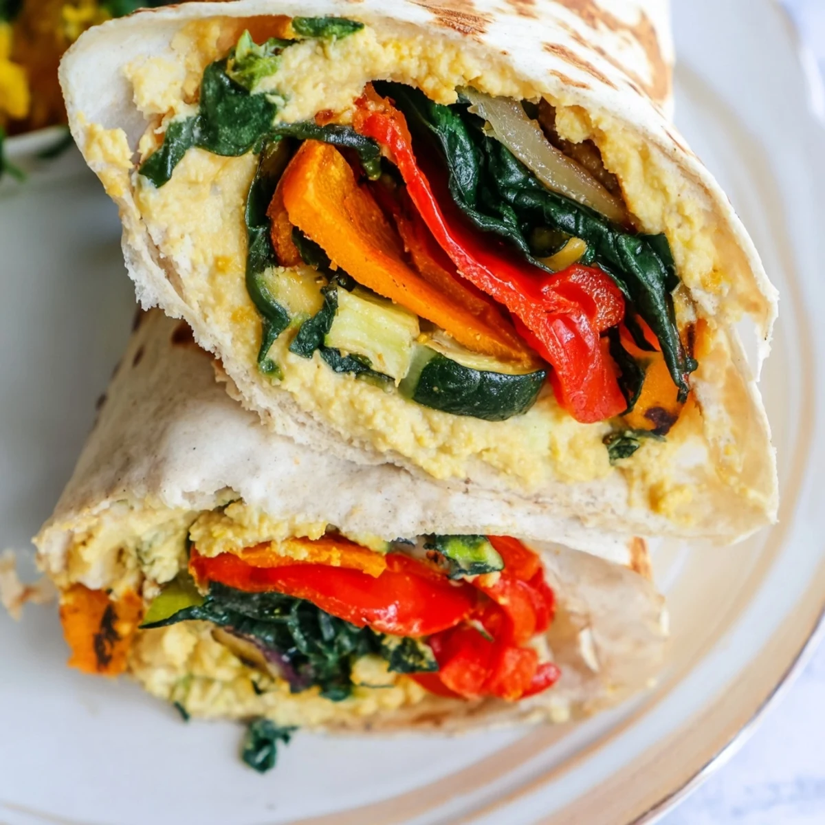 Snowflake Hummus Wrap, filled with colorful roasted veggies and creamy hummus served with a satisfying meal.