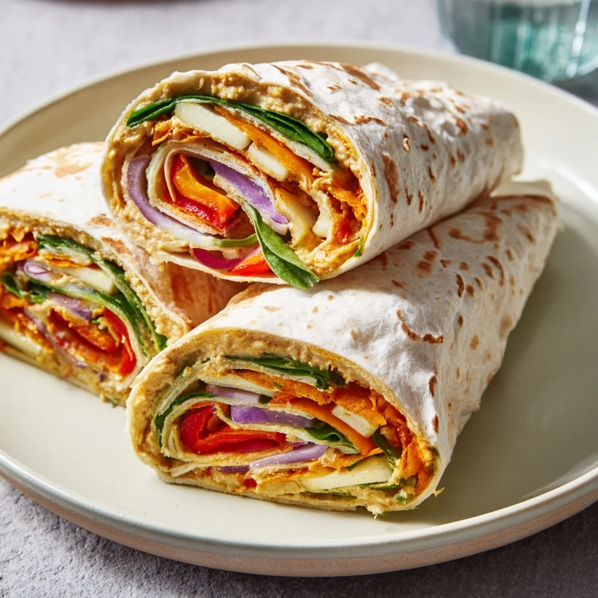 A close-up of a perfectly folded Snowflake Hummus & Roasted Veggie Wrap, showcasing its flavorful, layered ingredients.