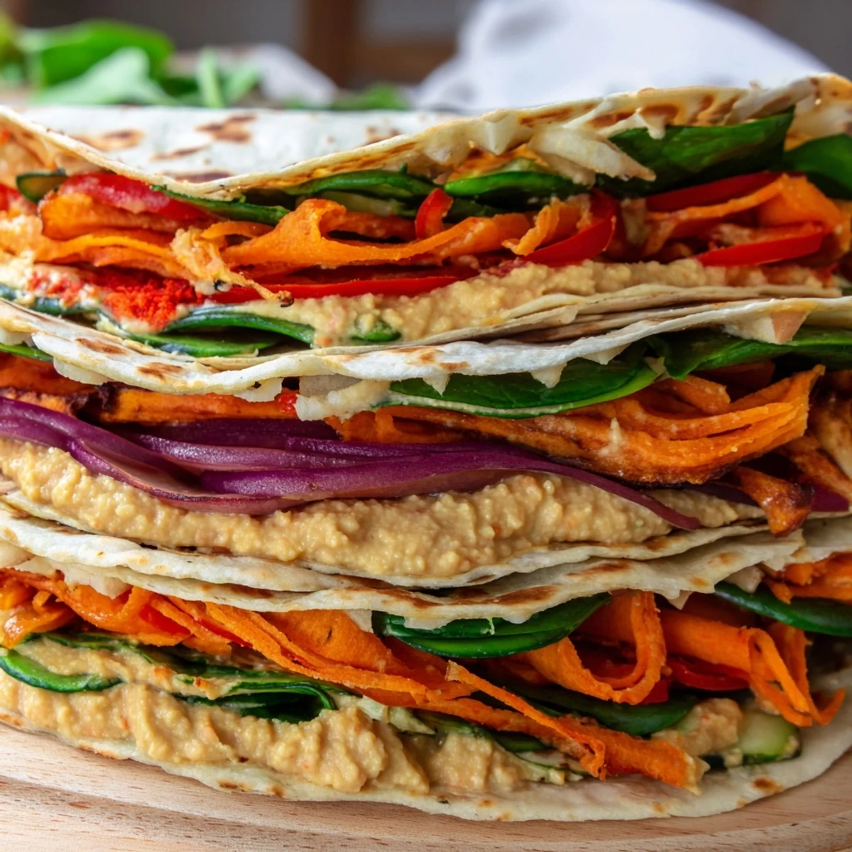 Enjoy a delicious Snowflake Hummus & Roasted Veggie Wrap: a vegan-friendly, colorful lunch bursting with fresh flavors.