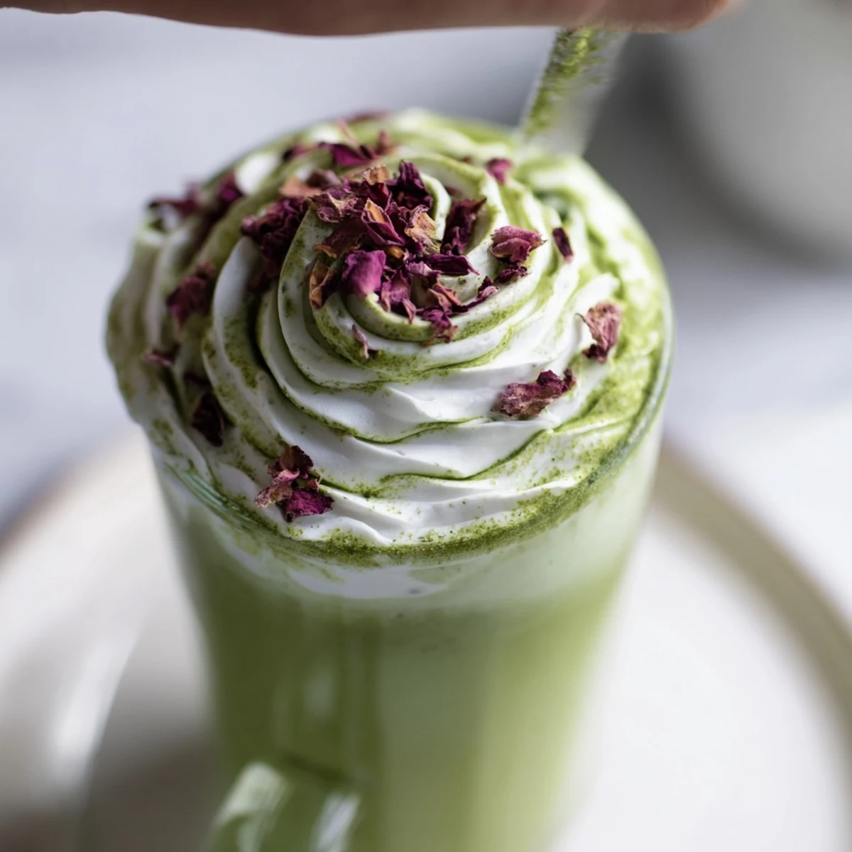 Iced matcha latte with sugar-free white chocolate and candy cane, a festive holiday treat.