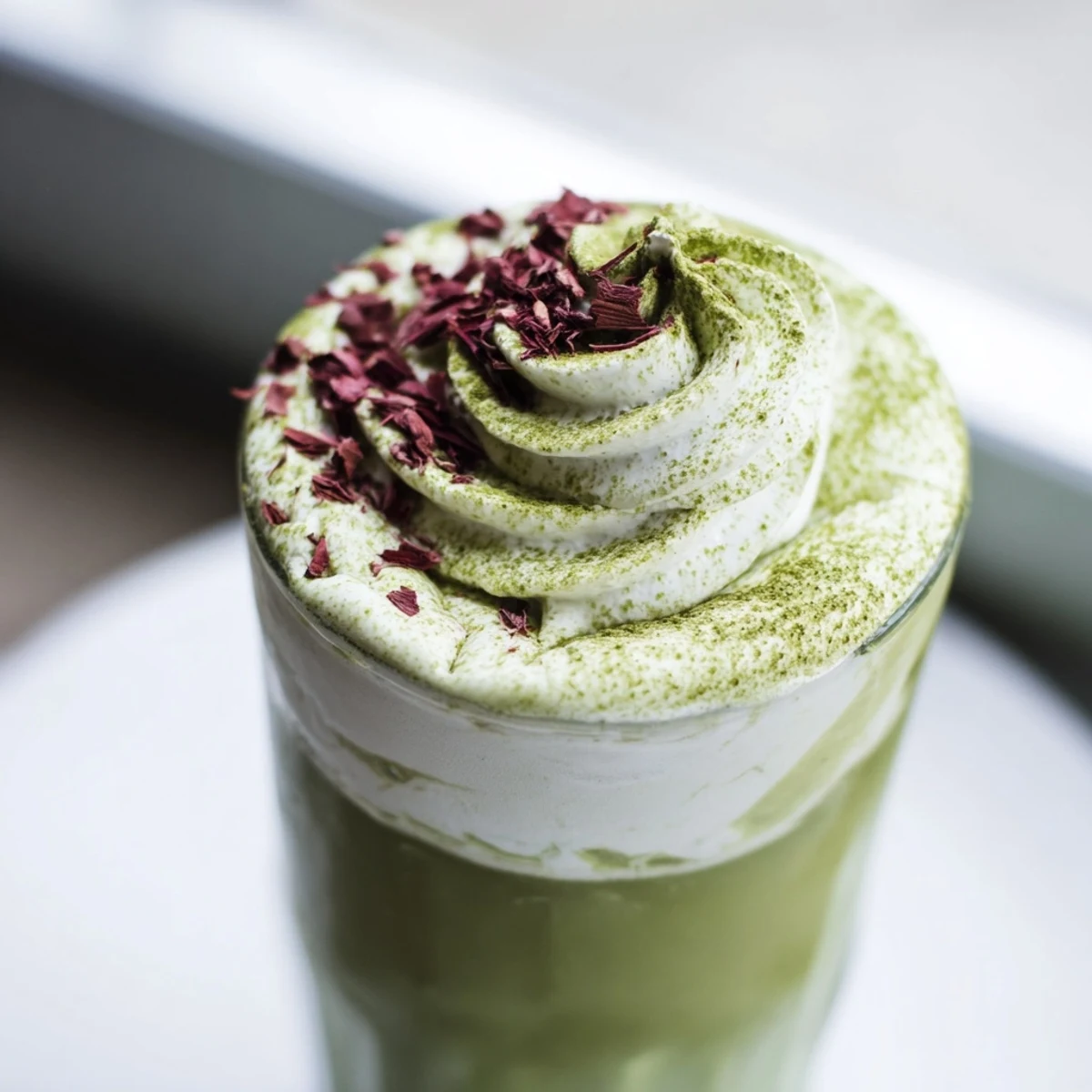 Perfectly layered, creamy sugar-free white chocolate candy cane iced matcha with whipped cream finish.