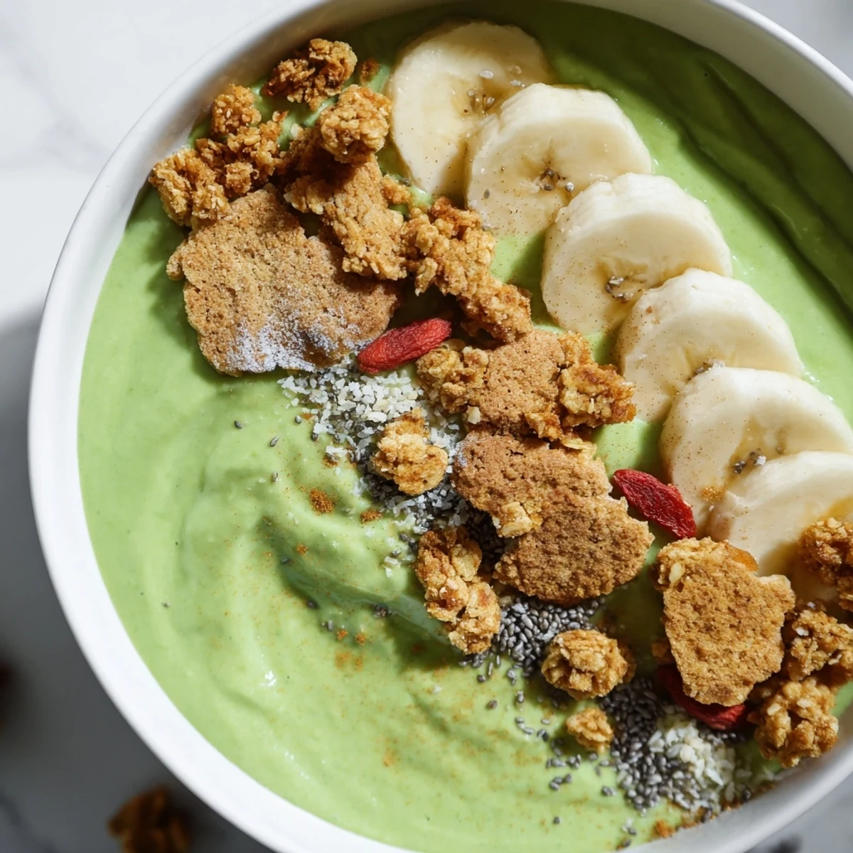 Gingerbread Cookie Matcha Breakfast Smoothie Bowl, garnished with fresh fruit and crunchy granola.