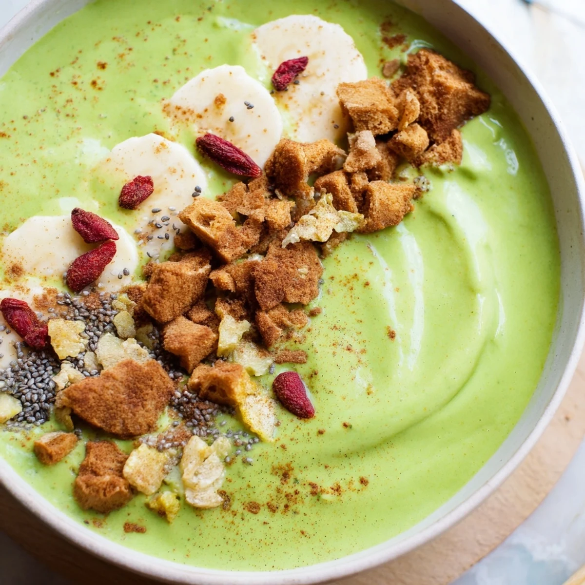 Vibrant green Gingerbread Cookie Matcha Breakfast Smoothie Bowl, ready to eat with a dusting of cinnamon.