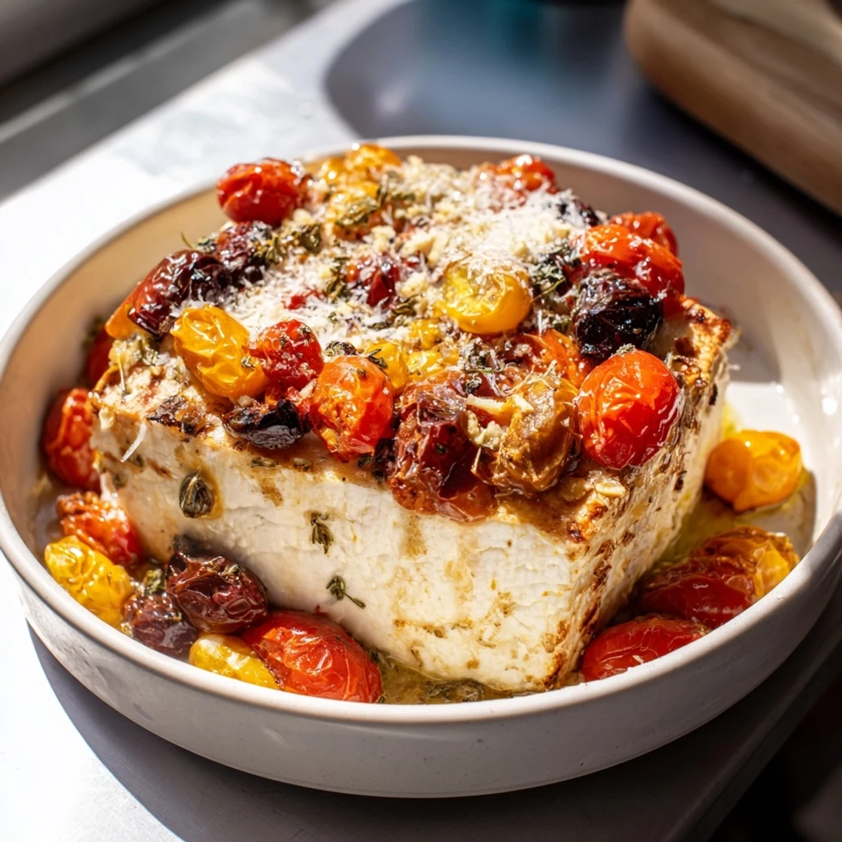 Vibrant baked feta snowfall cherry tomato Christmas pasta with golden feta, juicy tomatoes, and herbs.