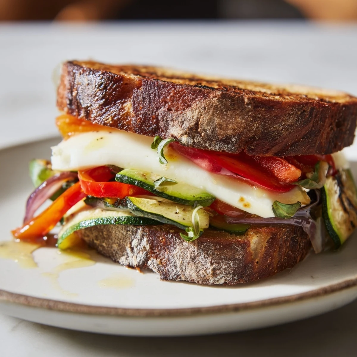 Sheet-Pan Roasted Veggie Caprese Grilled Cheese with melted mozzarella and golden, crispy sourdough bread.