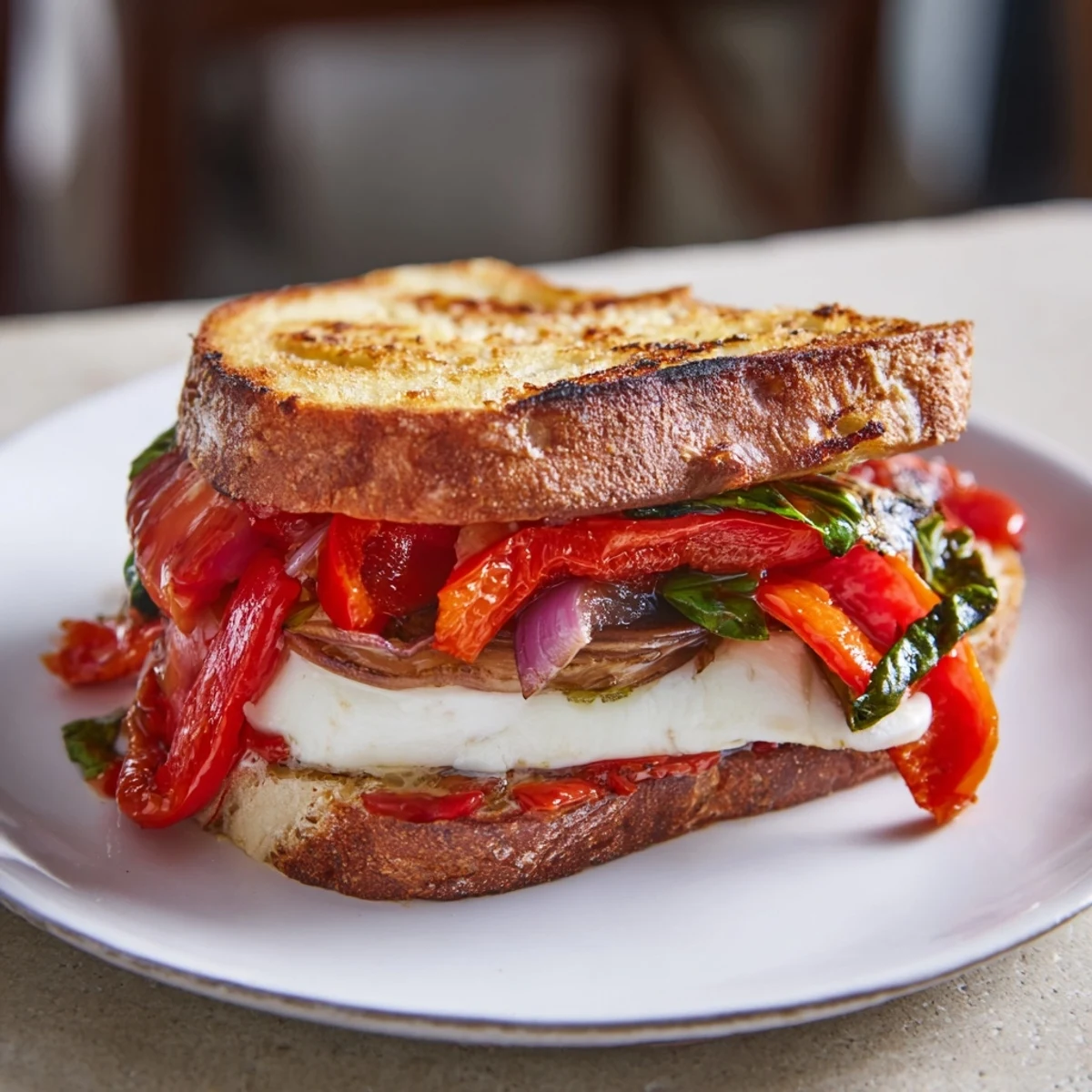 Mouthwatering Sheet-Pan Roasted Veggie Caprese Grilled Cheese featuring fresh basil and juicy tomato slices.