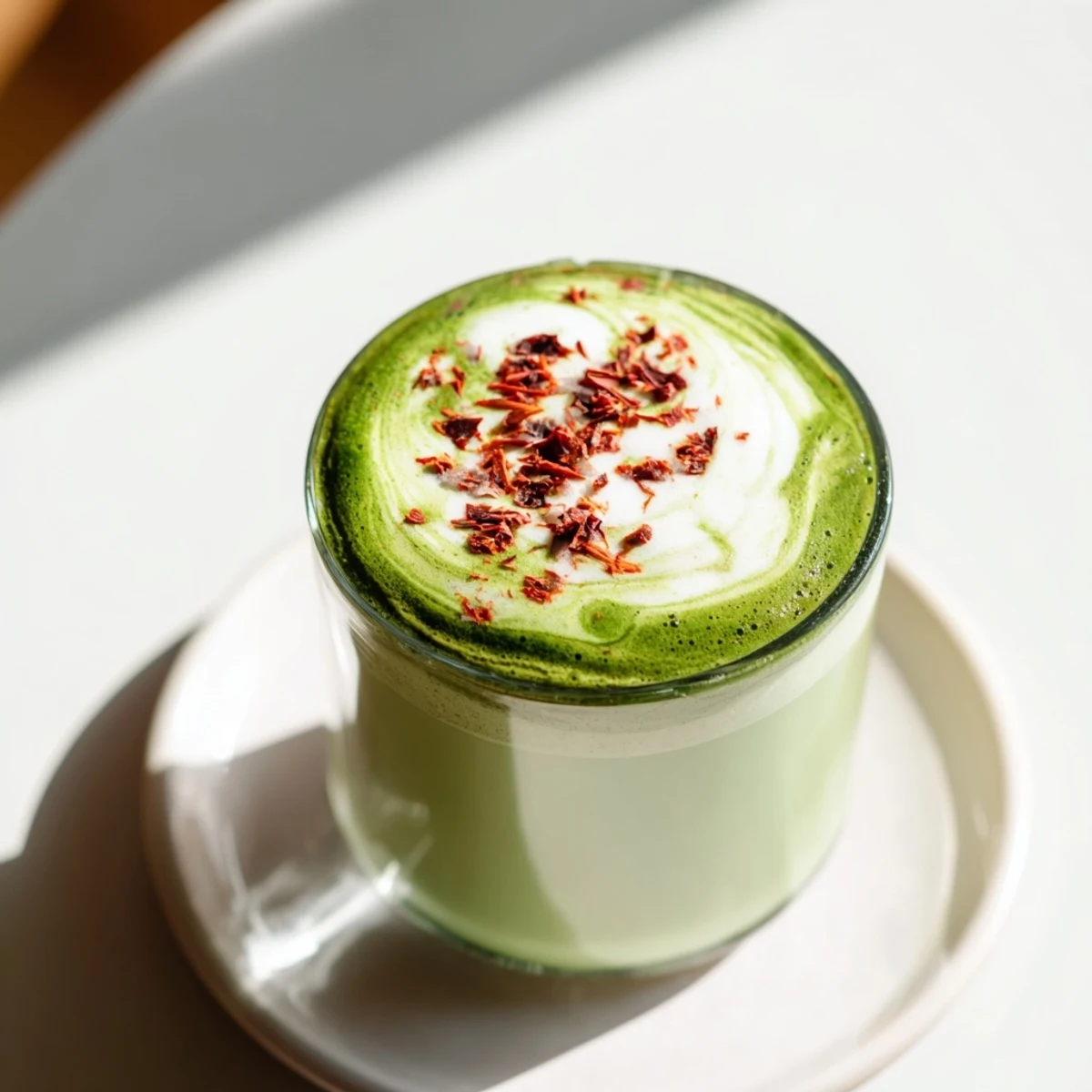 A close-up shot of a vibrant green Cozy Peppermint Matcha Christmas Latte ready to be enjoyed.