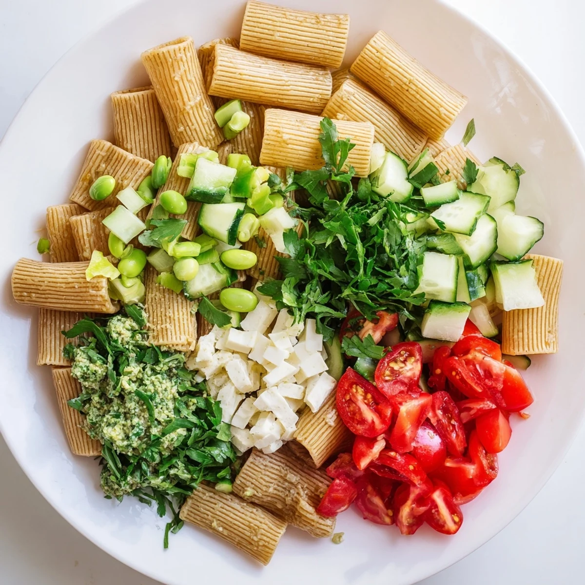 Vibrant Holiday Glow Green Goddess Protein Pasta Salad, dressed in creamy sauce, with fresh herbs; a healthy, festive meal.
