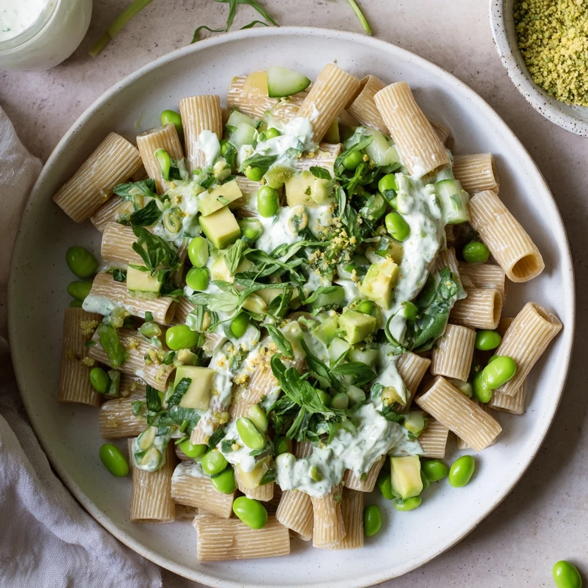 Cool, colorful Holiday Glow Green Goddess Protein Pasta Salad with chickpeas and tomatoes, ready to be served and enjoyed.