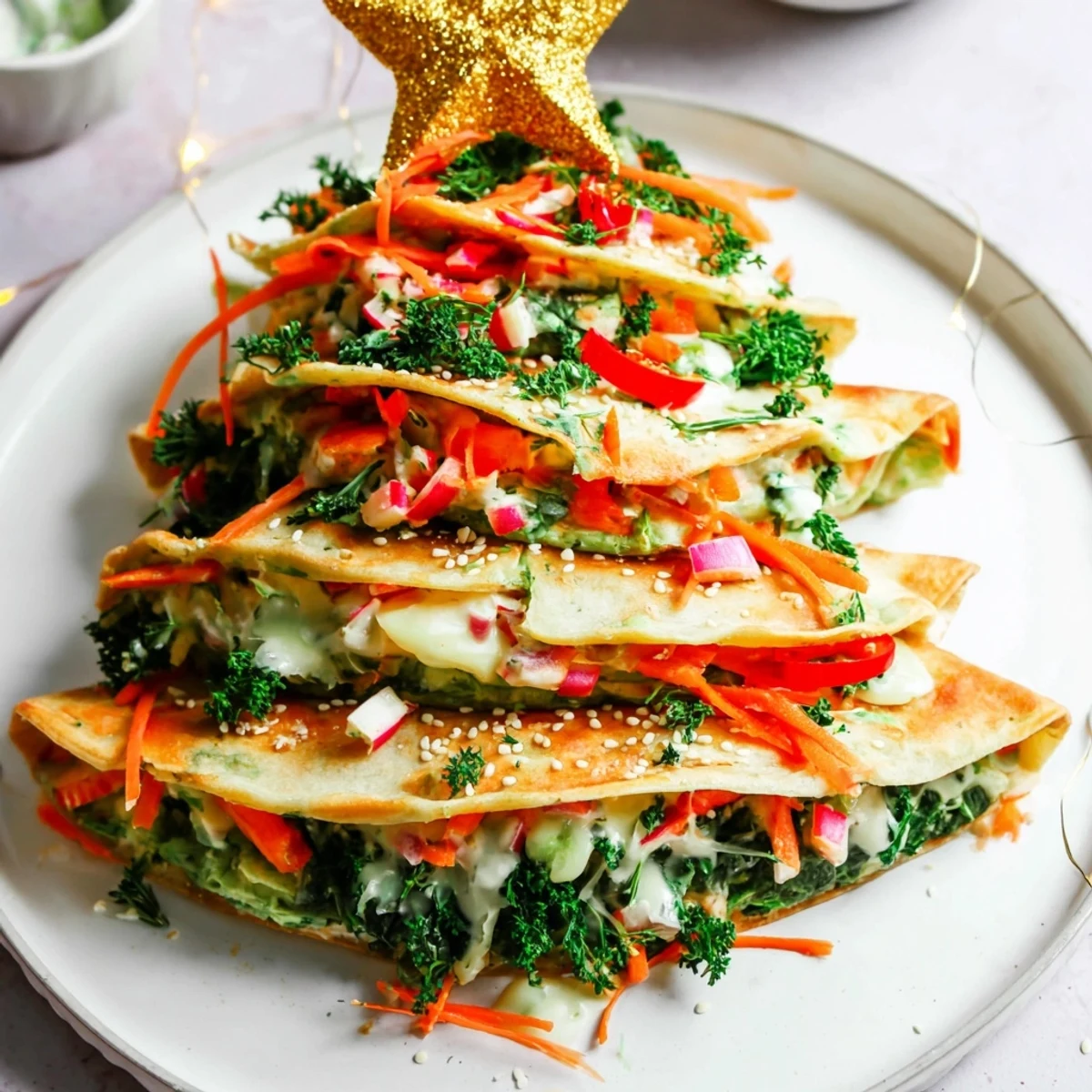 Crispy Air Fryer Christmas Tree Veggie Tortilla Wraps showcase colorful veggies, perfect for a festive appetizer.