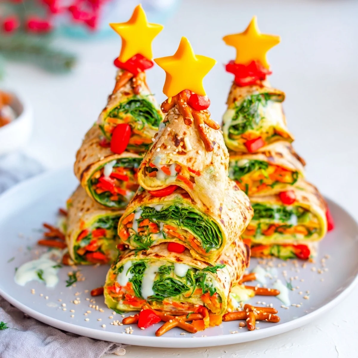 Holiday-themed Air Fryer Christmas Tree Veggie Tortilla Wraps featuring a creamy filling and crisp, air-fried texture.