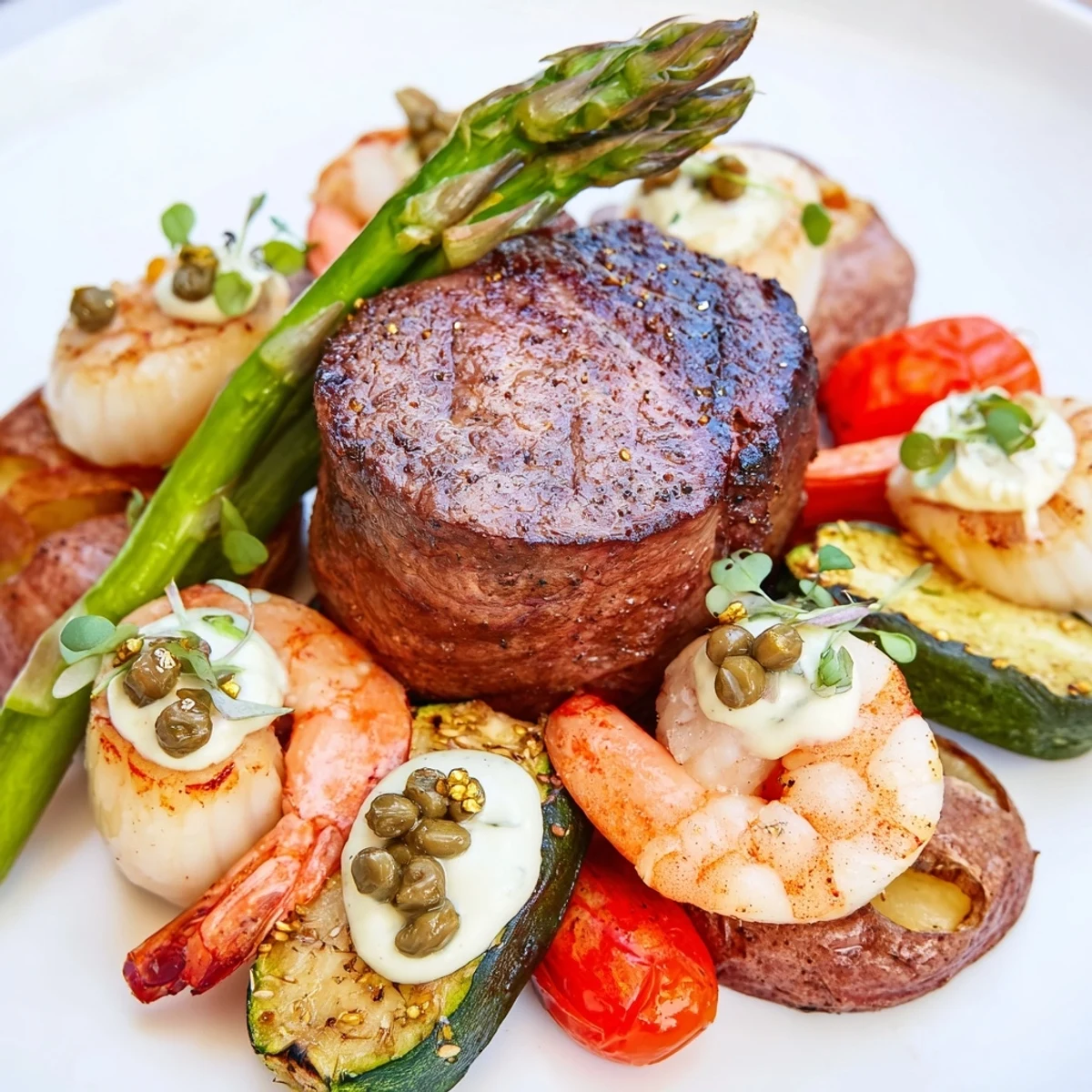 Golden Heart Luxury Platter awaits, showcasing perfectly seared filet mignon and succulent seafood on a gold-accented tray.