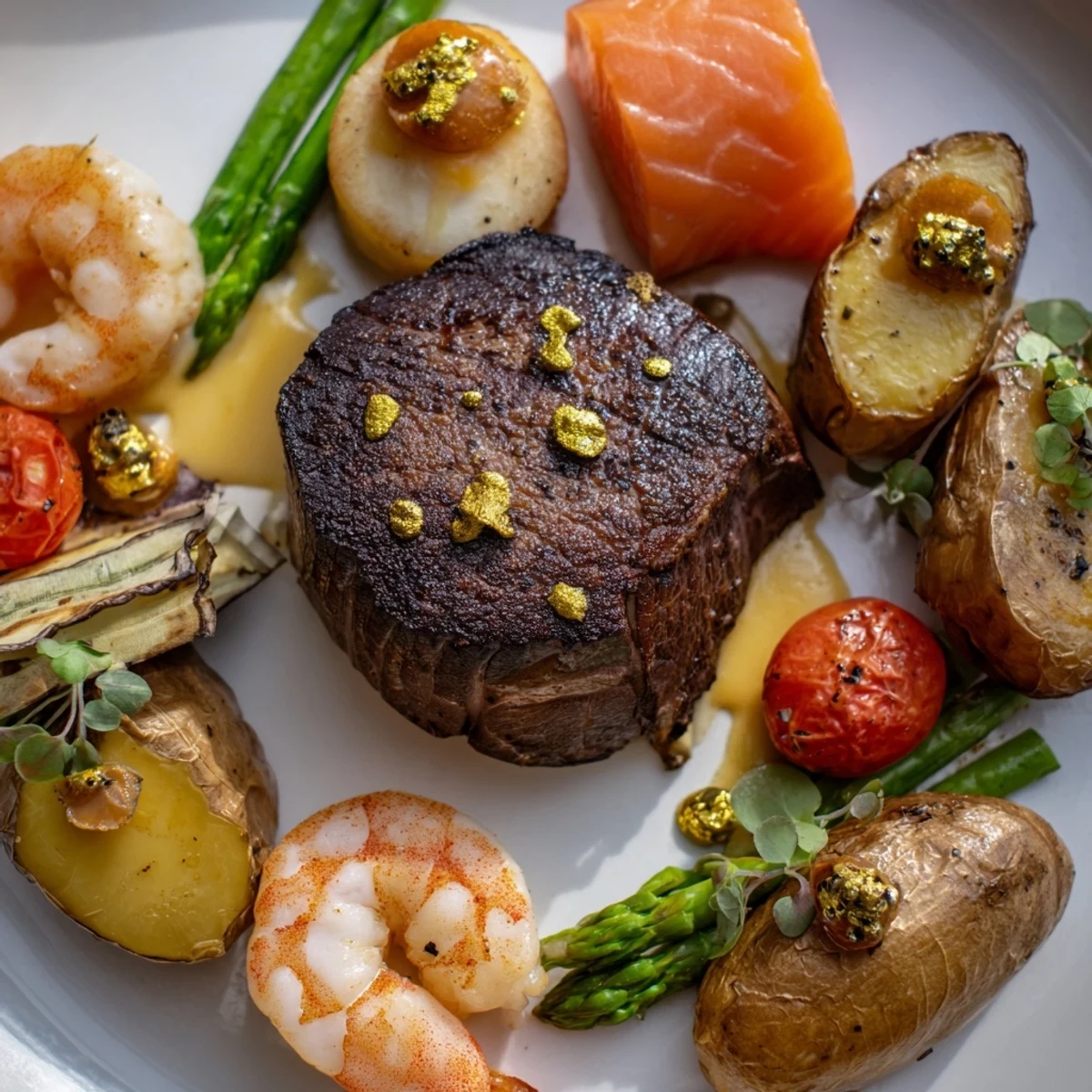 An aerial view of the Golden Heart Luxury Platter displays beautiful colors and textures of gourmet food, perfect for serving.