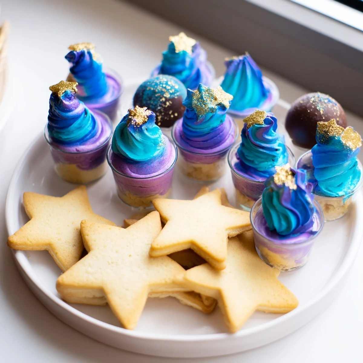 Beautifully arranged Stargazers Dessert Platter, featuring star-shaped shortbread and swirled galaxy mousse cups, a visual feast.
