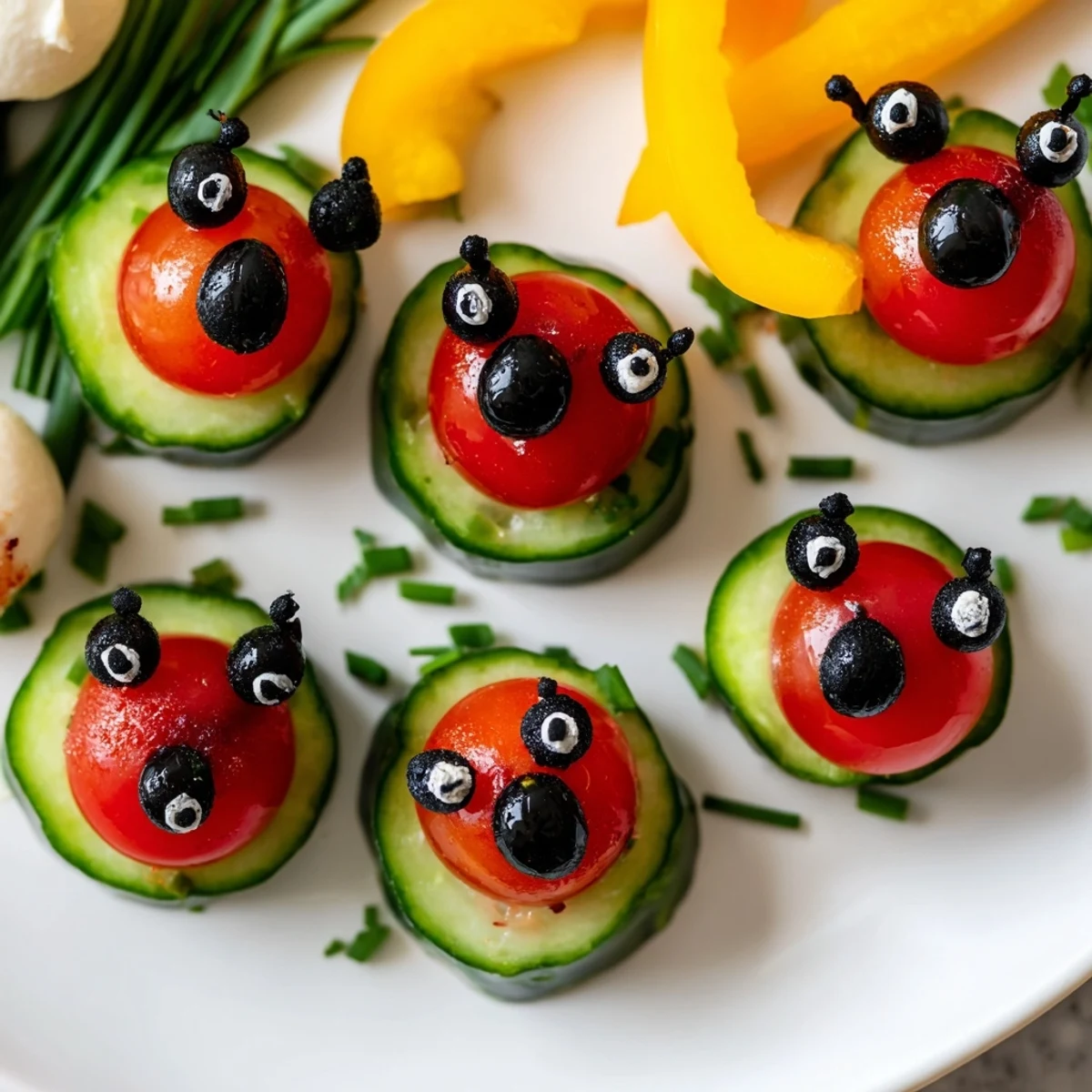 Ladybug Garden Platter appetizer with vibrant red tomatoes and black olive ladybugs on a veggie base.