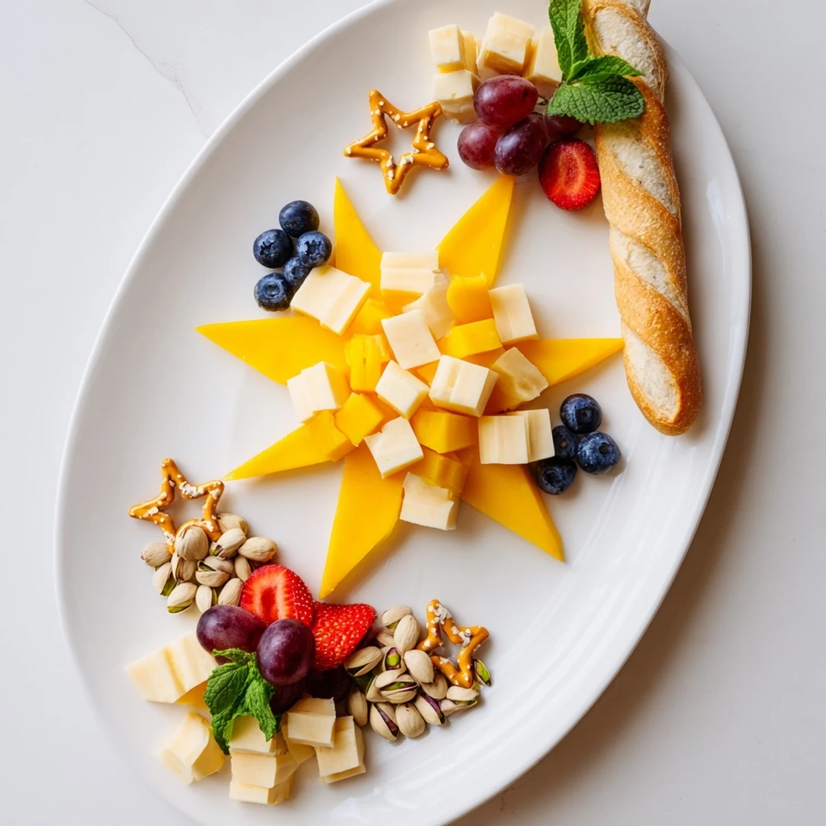 Festive Shooting Star Snack Board with cheeses, fruits, and crackers perfect for a party.
