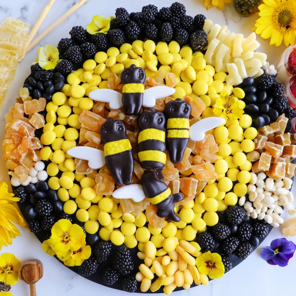 Colorful bumblebee candy board bursting with sweet gummies, licorice, and fresh berries, perfect for sharing.