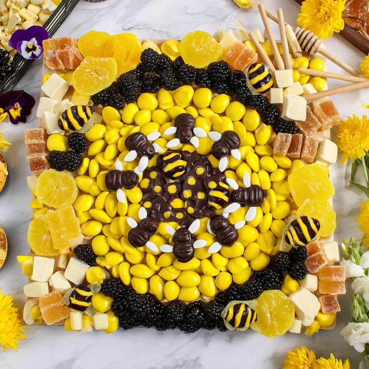 Vibrant bumblebee candy board arranged with yellow, black, and fresh fruit for a party treat.