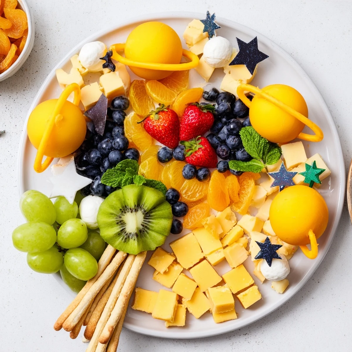 Comet & Planet Grazing Tray: vibrant, colorful cheeses, fruits, and crackers arranged for an easy, fun appetizer.