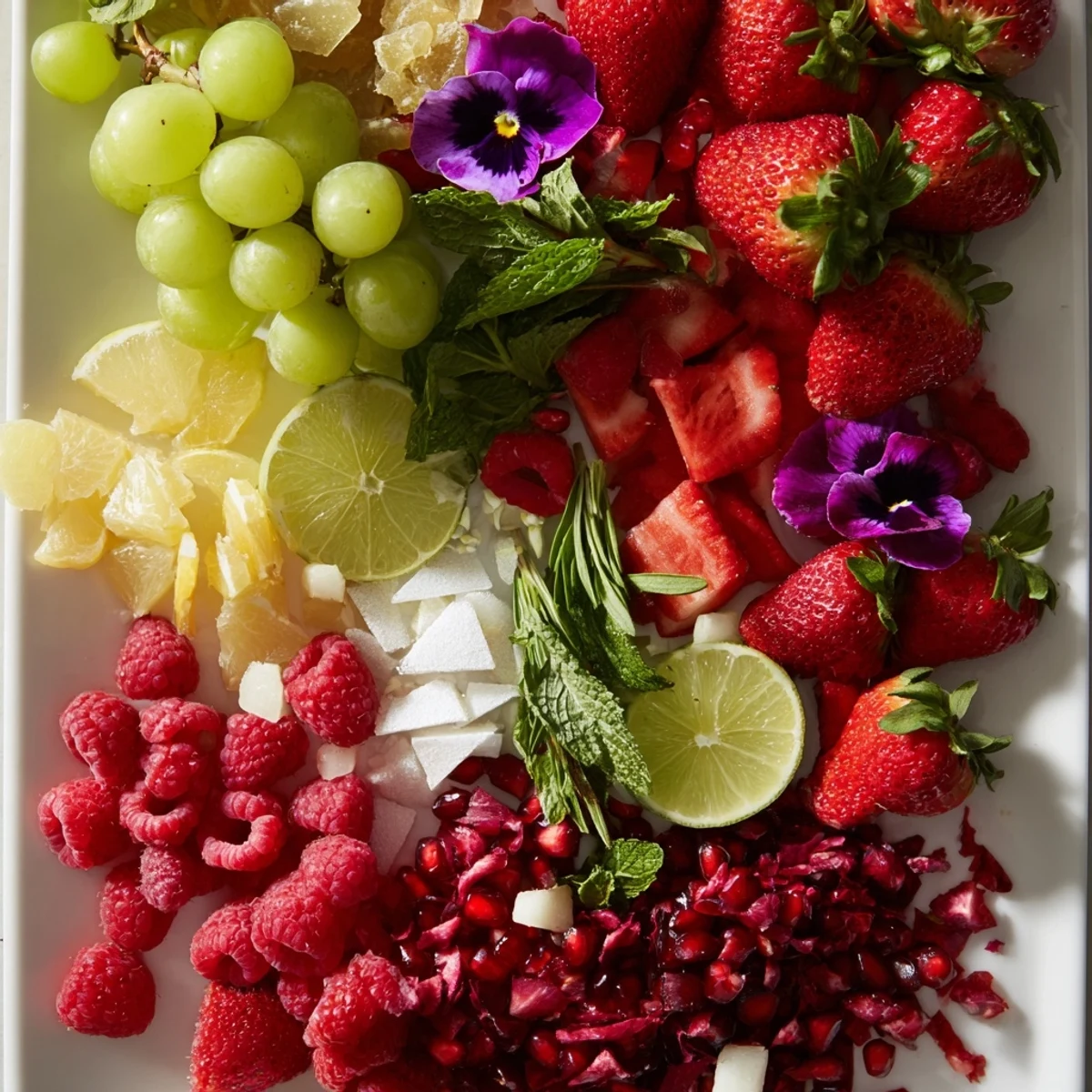 Vibrant Bubbly Bar New Years Eve Garnish Tray with colorful fruit, herbs, and treats ready to garnish your sparkling wine.