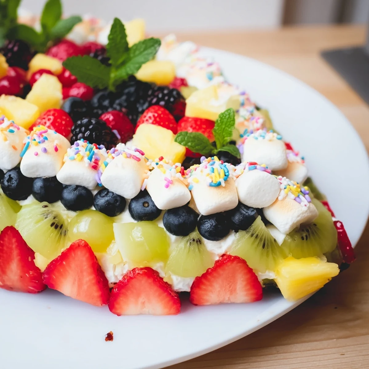Fresh, colorful Happy Birthday Cake Slice Fruit Board arranged with strawberries, kiwi, and festive sprinkles.