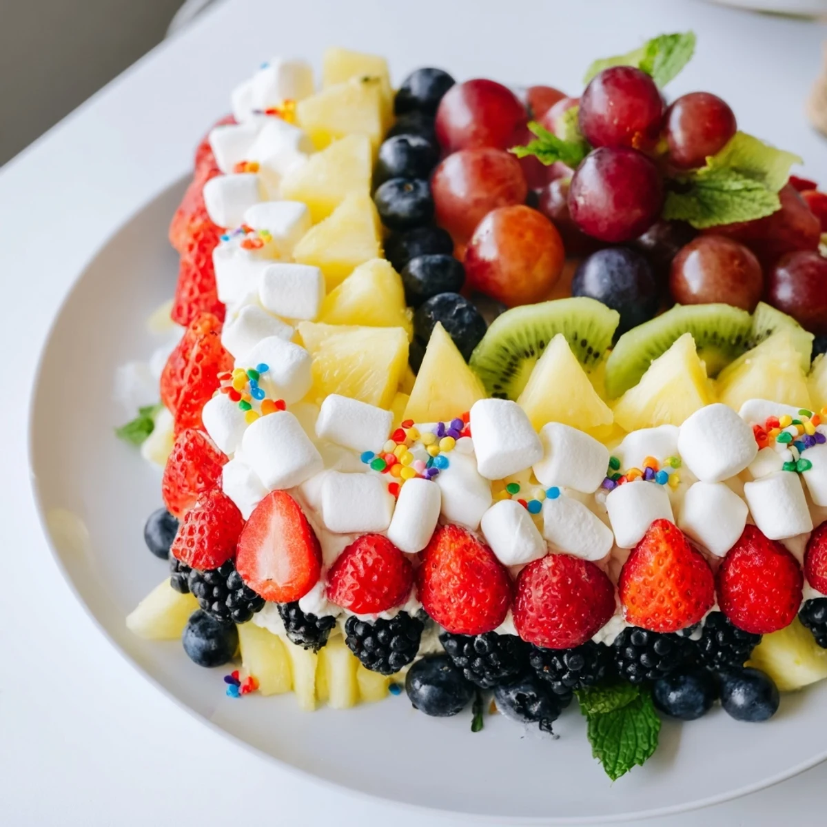 A delightful view of a ready-to-eat Happy Birthday Cake Slice Fruit Board with yogurt dipping sauce.