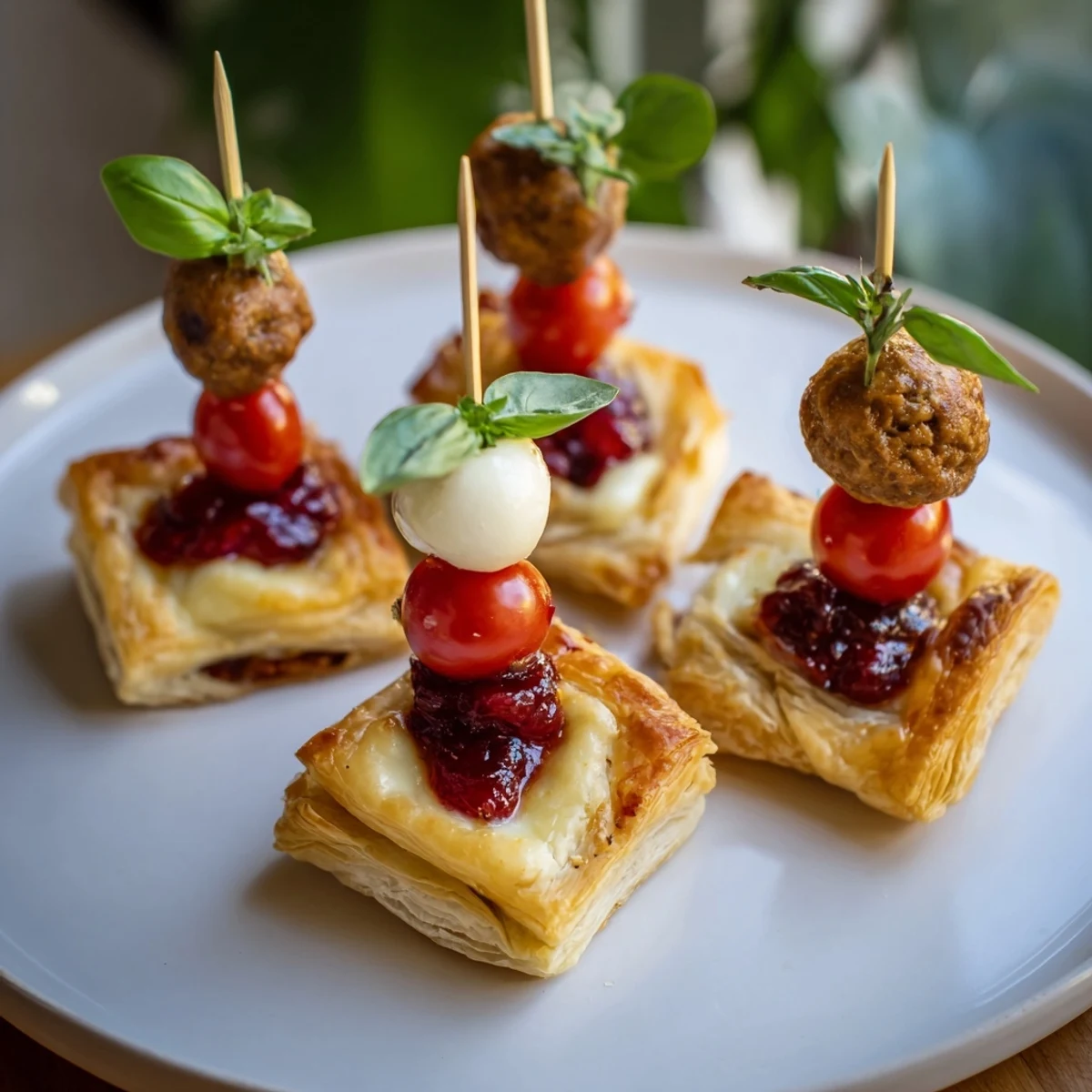 Joy to the World Festive Appetizer Trio, a colorful platter showcasing puff pastry bites and vibrant skewers.