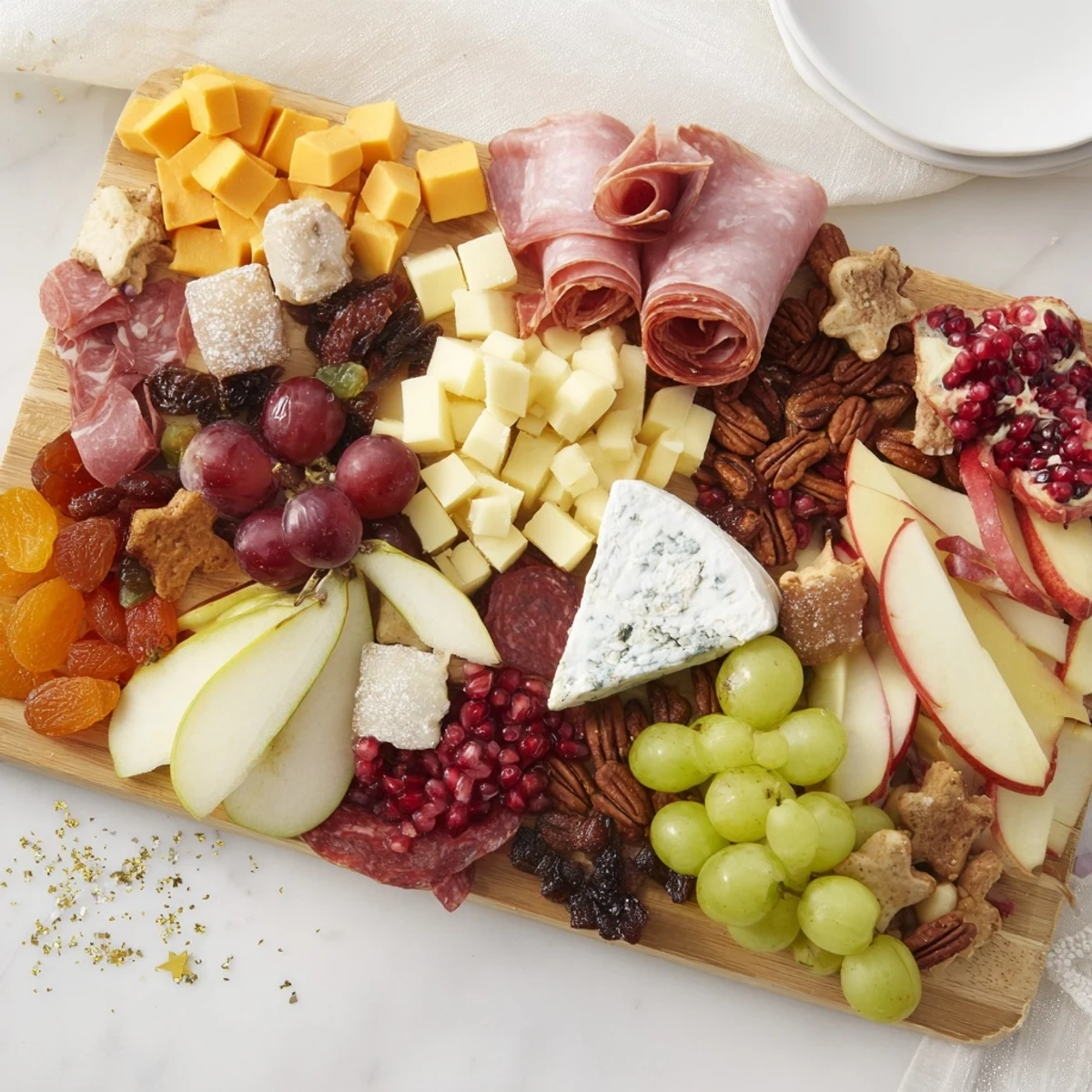 Festive Christmas board 2025: A bountiful grazing board overflowing with cheeses, fruits, and treats.