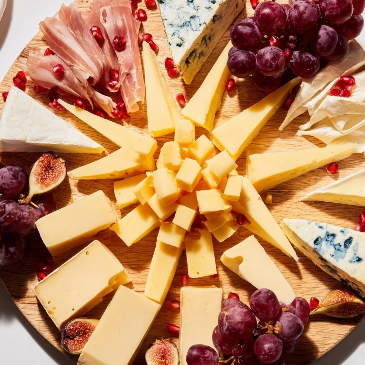 Close-up Éclat d'Étoiles Planche de Noël: A starburst of cheeses, meats, and festive treats ready to serve.