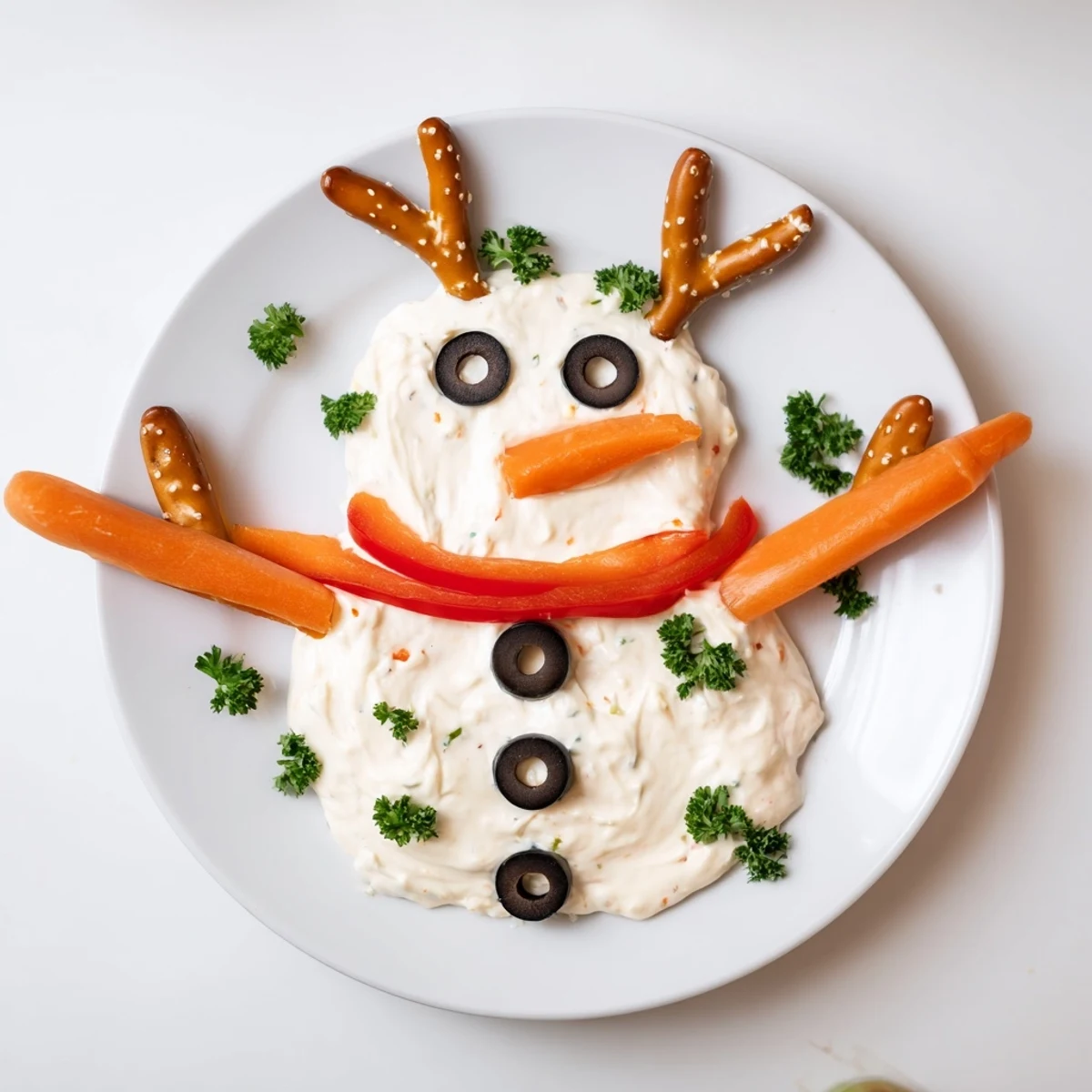 Melted Snowman Dip Bowl displayed, creamy and festive, with olive eyes and carrot nose.