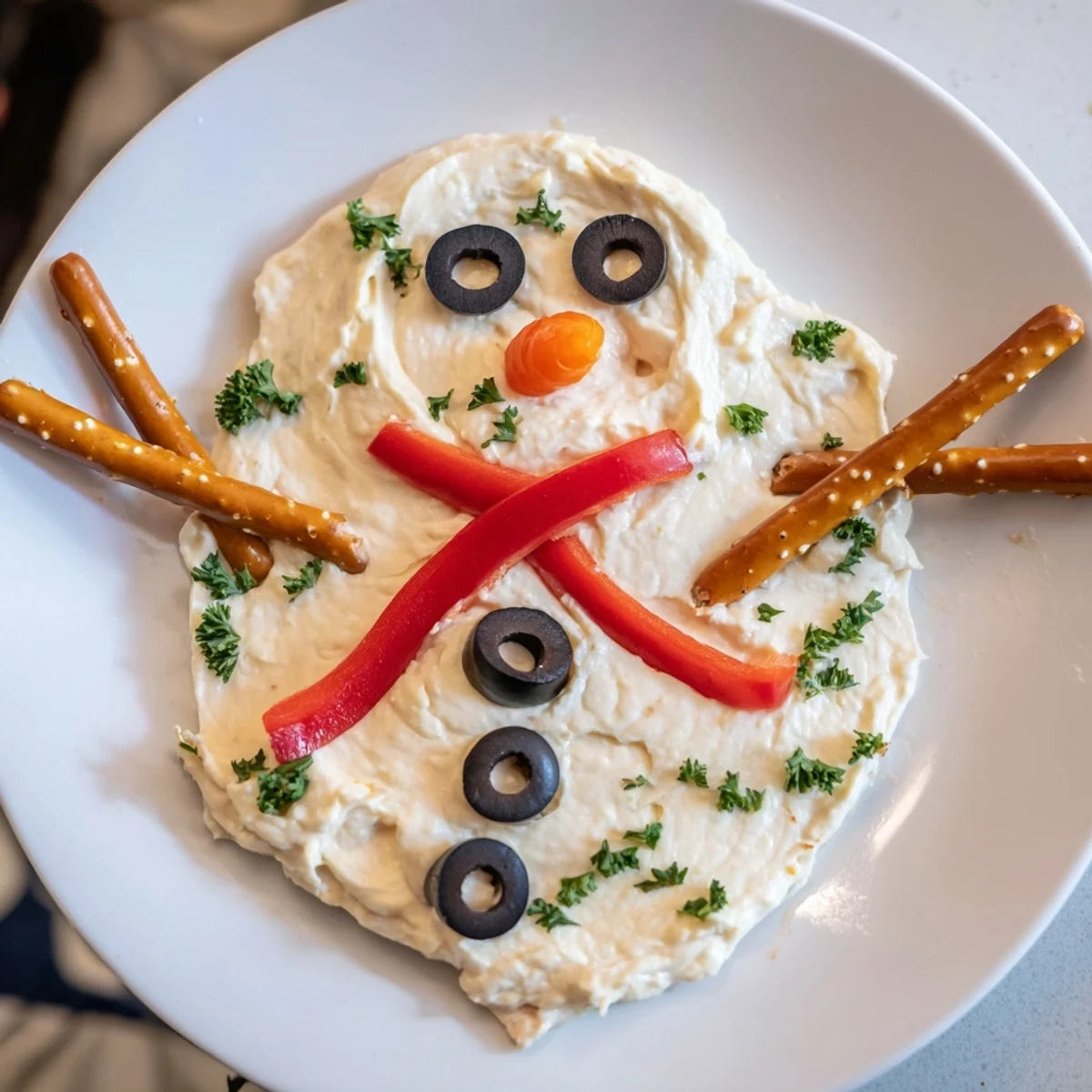 This delightful Melted Snowman Dip Bowl features pretzel arms, perfect for a winter snack.