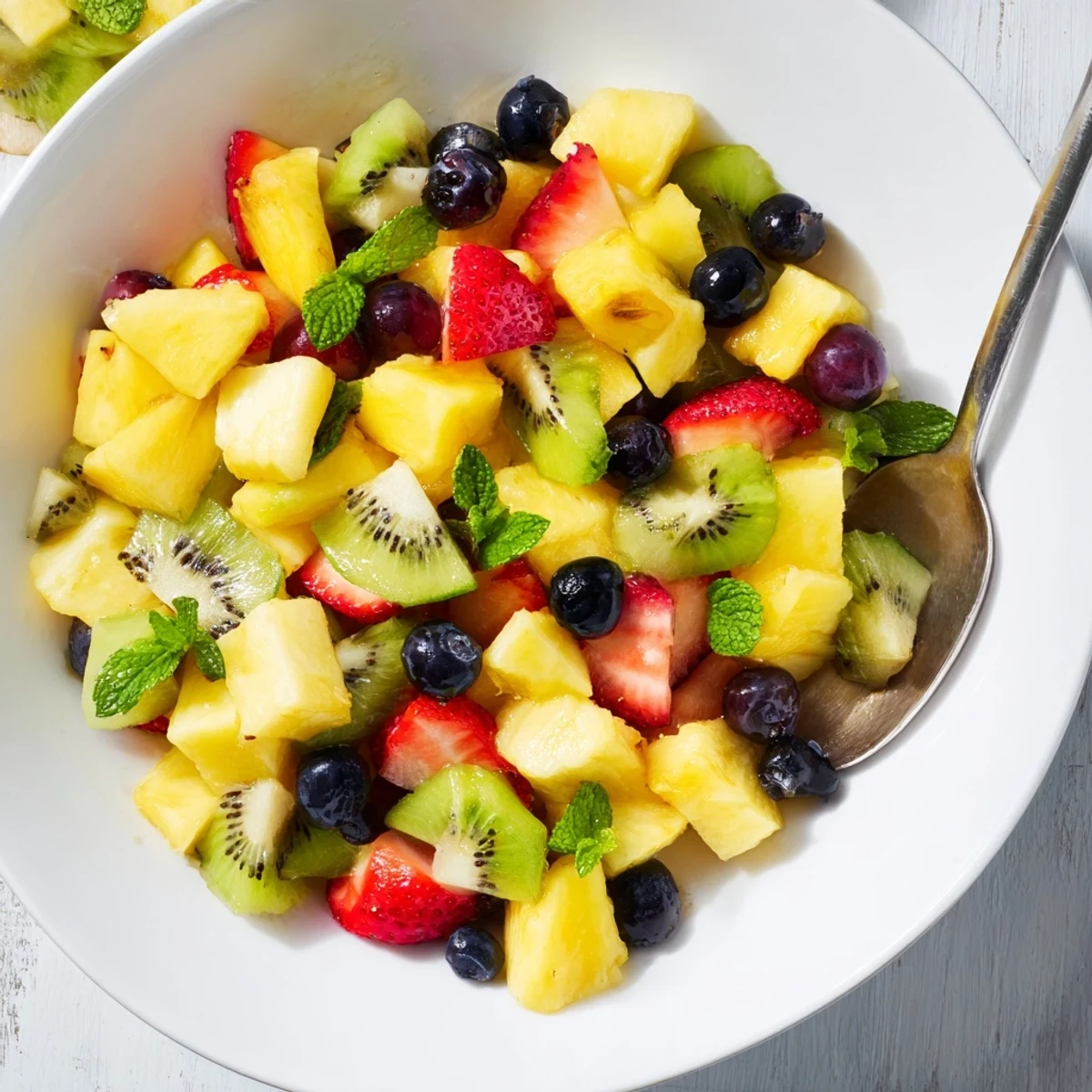 Tropical pineapple fruit boat filled with colorful fruits, a refreshing summer dessert ready to serve.